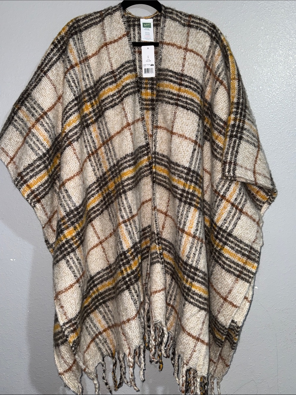 Woolrich Cream Plaid Fringe wrap with Mustard & Brown Accents